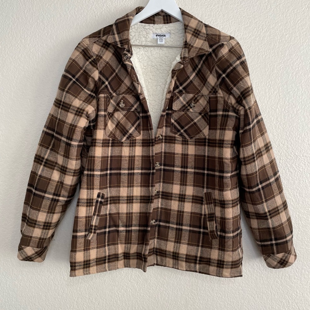 RSQ Tillys Brown Plaid Sherpa Fleece Lined Shacket Shirt Jacket